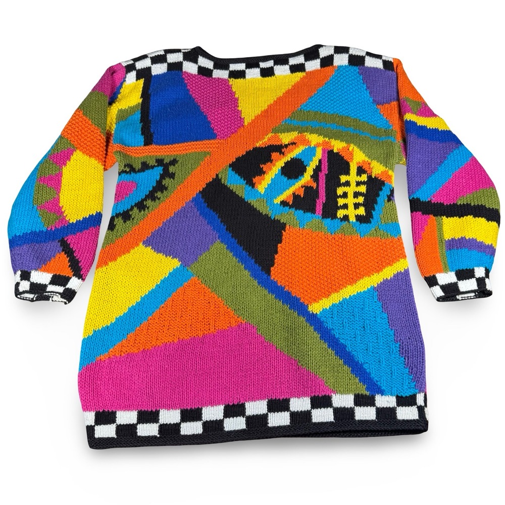 VTG Sweater Womens Large L 80s 90s Abstract Oversized Sweater Geometric Checker - Picture 2 of 13